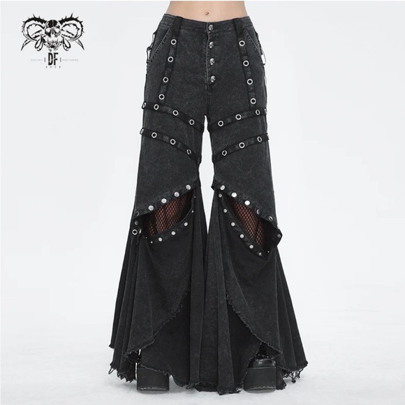 Devil Fashion Designer Punk Black Fishnet Flared Pants - Picture 6 of 7